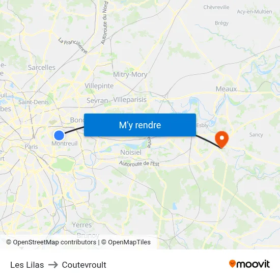 Les Lilas to Coutevroult map