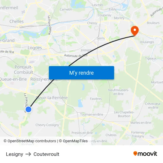 Lesigny to Coutevroult map