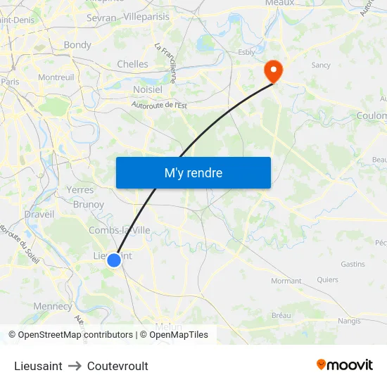 Lieusaint to Coutevroult map