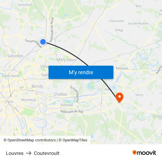 Louvres to Coutevroult map