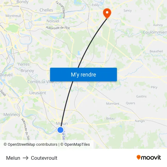 Melun to Coutevroult map