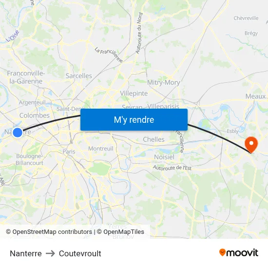 Nanterre to Coutevroult map
