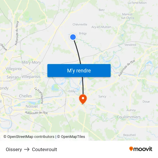 Oissery to Coutevroult map