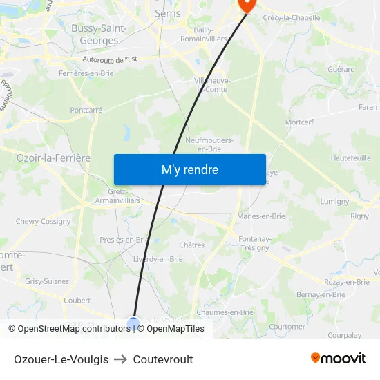 Ozouer-Le-Voulgis to Coutevroult map