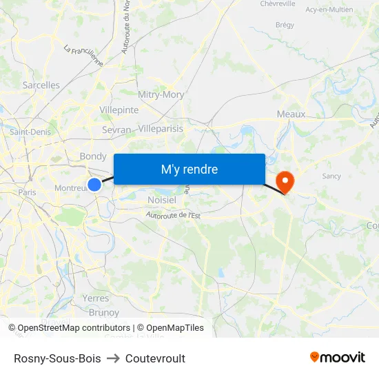 Rosny-Sous-Bois to Coutevroult map