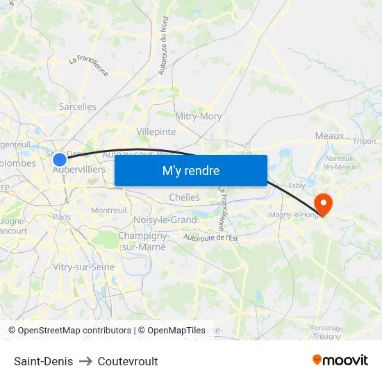 Saint-Denis to Coutevroult map