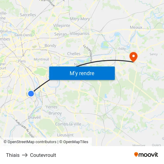 Thiais to Coutevroult map