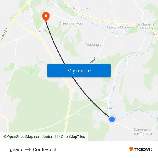 Tigeaux to Coutevroult map