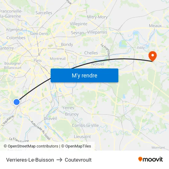 Verrieres-Le-Buisson to Coutevroult map