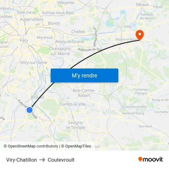 Viry-Chatillon to Coutevroult map