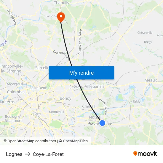 Lognes to Coye-La-Foret map