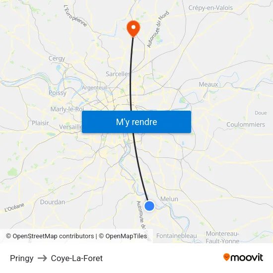 Pringy to Coye-La-Foret map