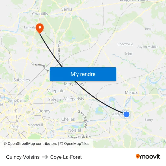Quincy-Voisins to Coye-La-Foret map