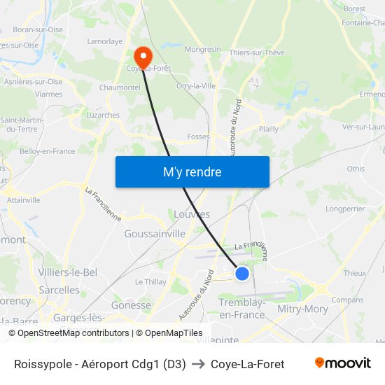 Roissypole - Aéroport Cdg1 (D3) to Coye-La-Foret map