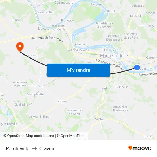Porcheville to Cravent map