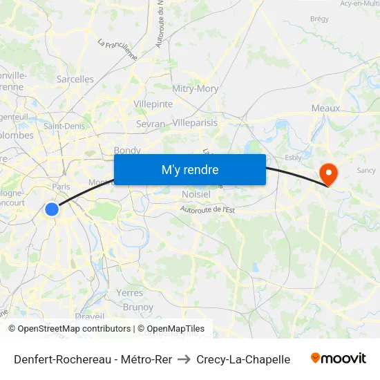 Denfert-Rochereau - Métro-Rer to Crecy-La-Chapelle map