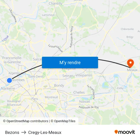 Bezons to Cregy-Les-Meaux map