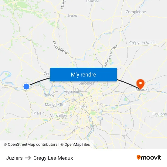 Juziers to Cregy-Les-Meaux map