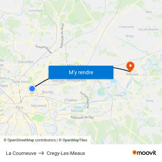 La Courneuve to Cregy-Les-Meaux map