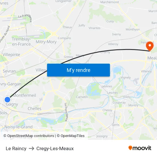 Le Raincy to Cregy-Les-Meaux map