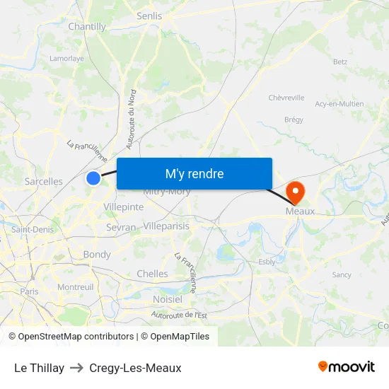Le Thillay to Cregy-Les-Meaux map
