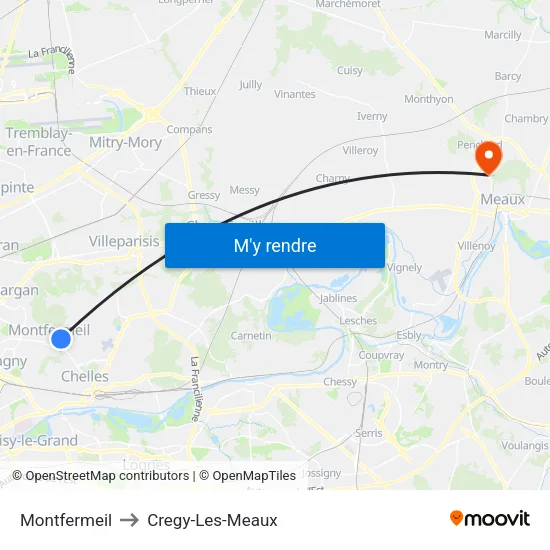 Montfermeil to Cregy-Les-Meaux map