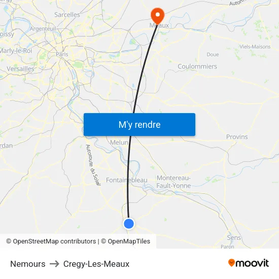 Nemours to Cregy-Les-Meaux map
