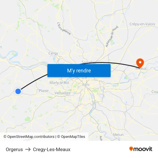 Orgerus to Cregy-Les-Meaux map