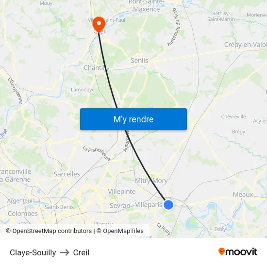 Claye-Souilly to Creil map