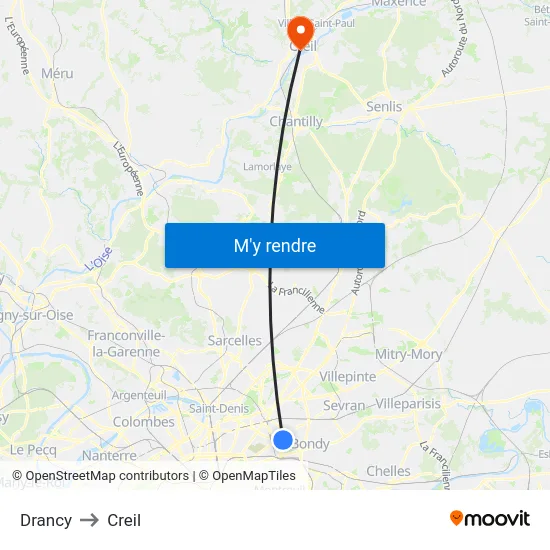 Drancy to Creil map