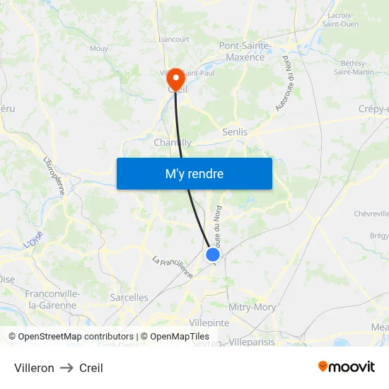 Villeron to Creil map