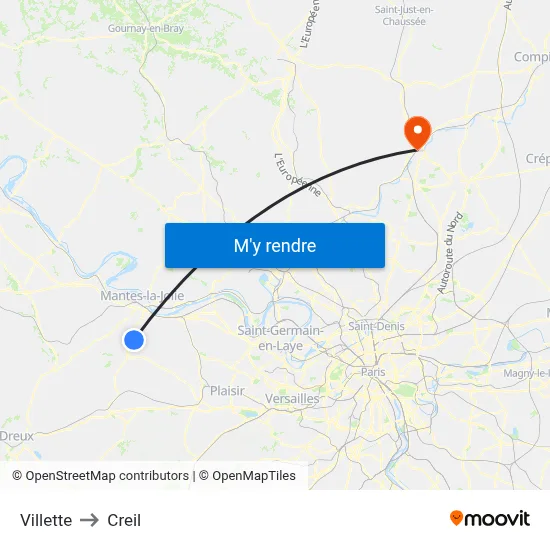 Villette to Creil map