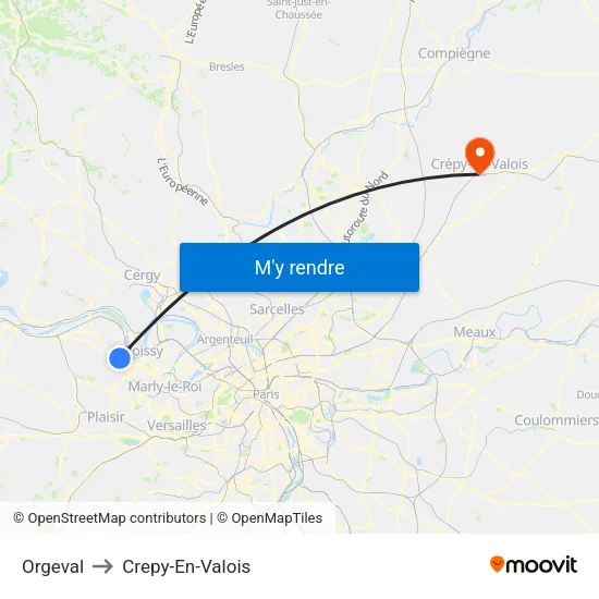 Orgeval to Crepy-En-Valois map