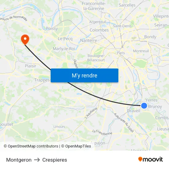 Montgeron to Crespieres map