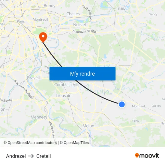 Andrezel to Creteil map
