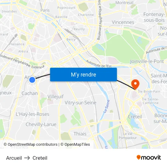 Arcueil to Creteil map