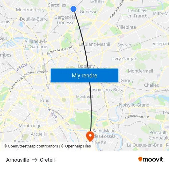 Arnouville to Creteil map