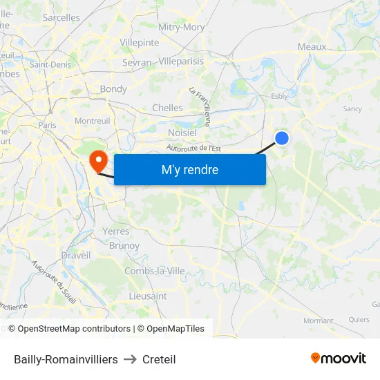 Bailly-Romainvilliers to Creteil map