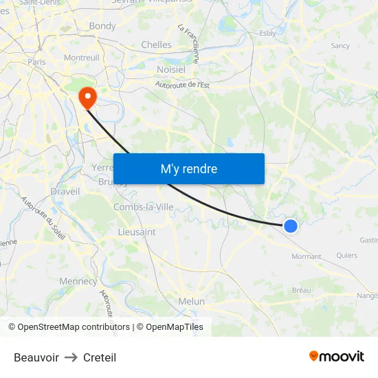 Beauvoir to Creteil map