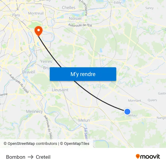 Bombon to Creteil map