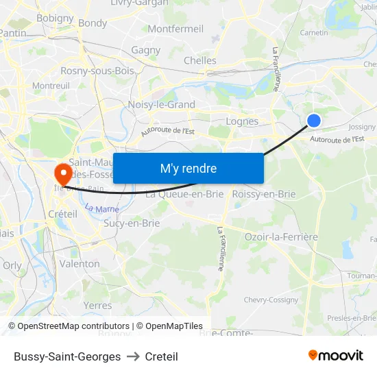Bussy-Saint-Georges to Creteil map