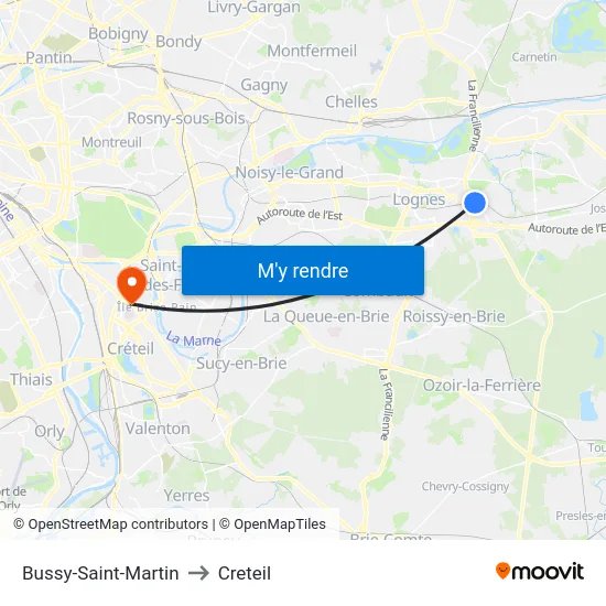 Bussy-Saint-Martin to Creteil map