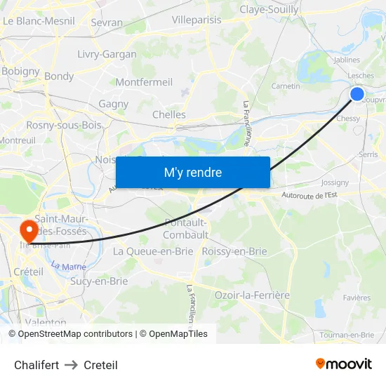 Chalifert to Creteil map