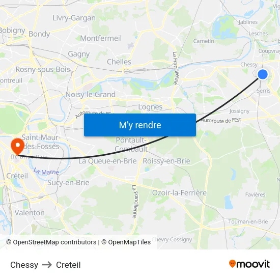 Chessy to Creteil map