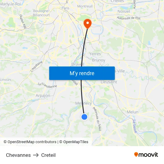 Chevannes to Creteil map