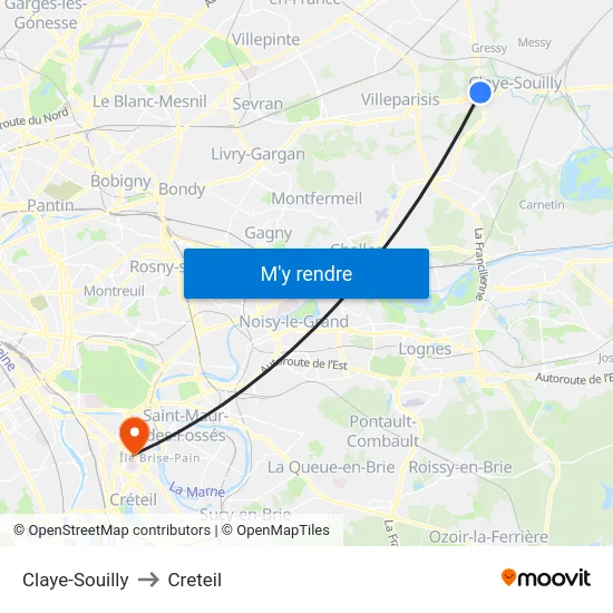 Claye-Souilly to Creteil map