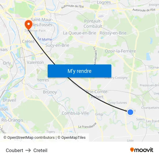 Coubert to Creteil map