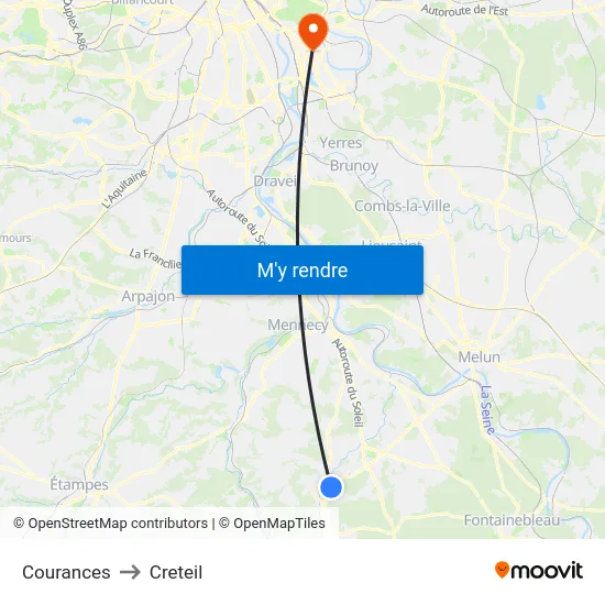 Courances to Creteil map