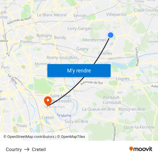 Courtry to Creteil map