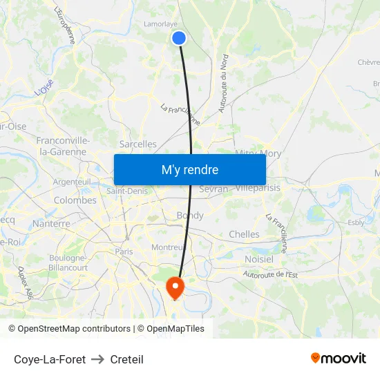 Coye-La-Foret to Creteil map